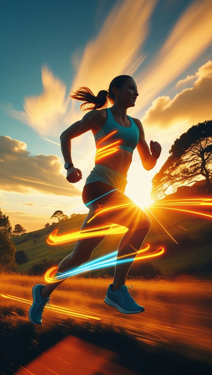 Runner moving through a sunrise-lit course